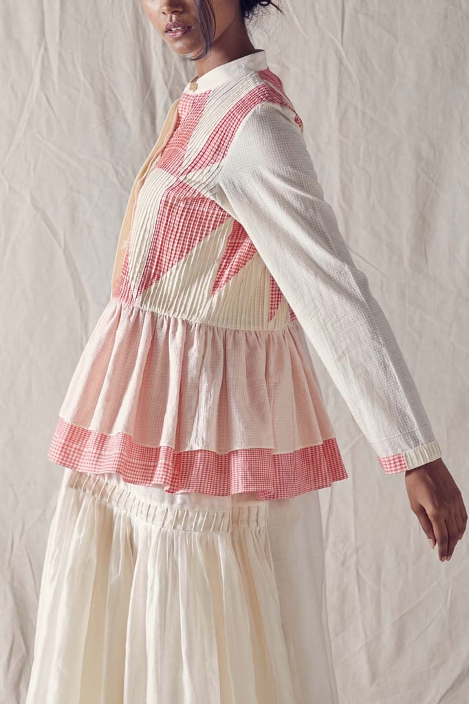 Pintucked Peplum Top In Red And Off White Checks Cotton Khadi Mulmul