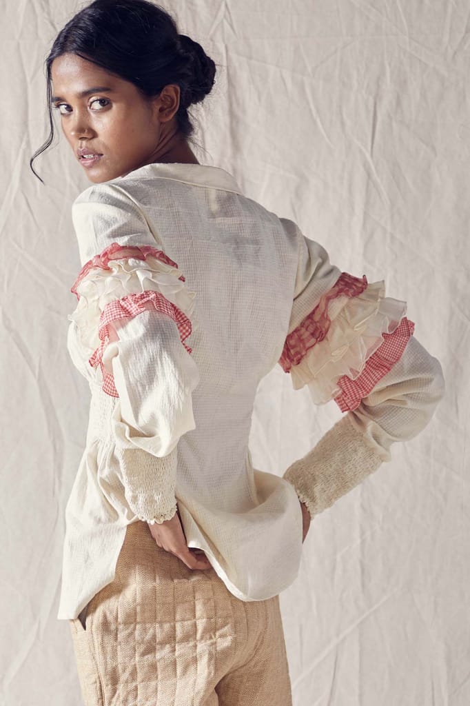 Ruffled Sleeve Shirt In Off White Cotton Khadi Mulmul