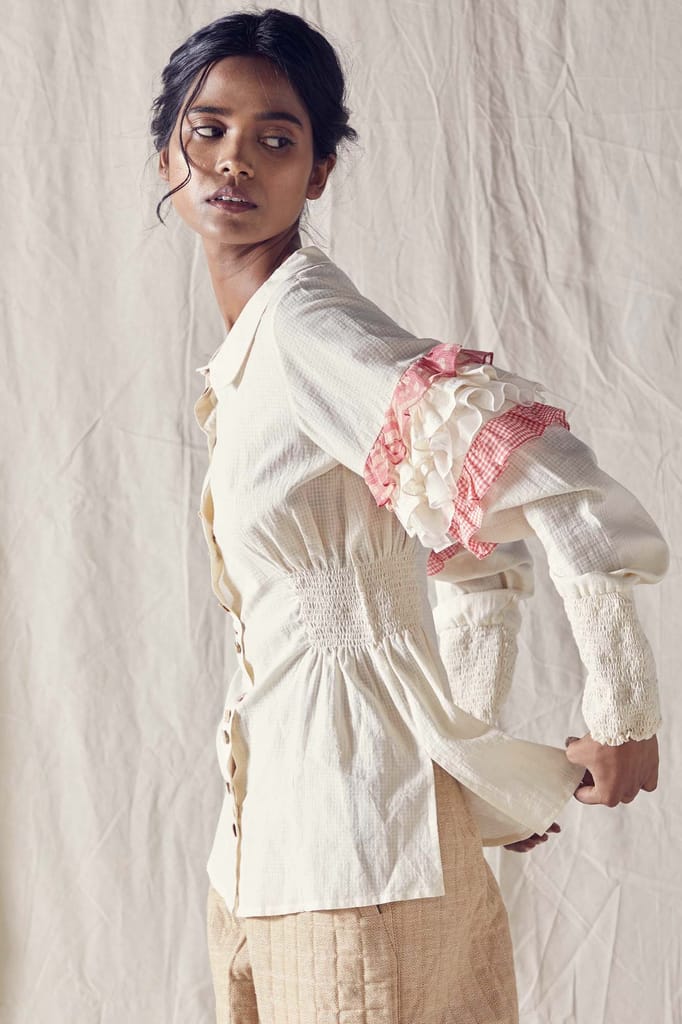 Ruffled Sleeve Shirt In Off White Cotton Khadi Mulmul