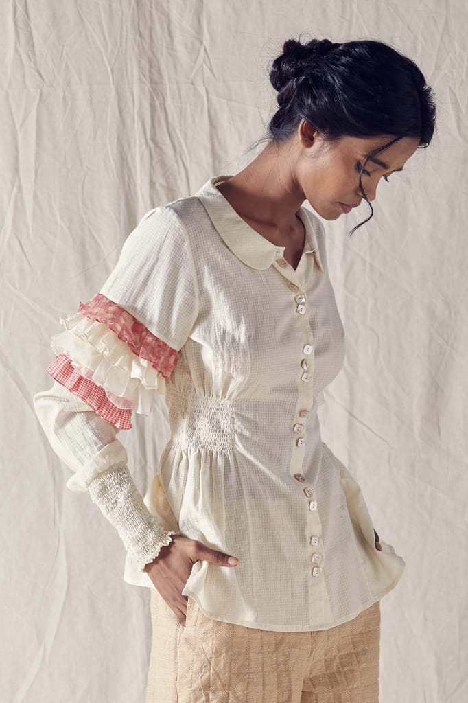 Ruffled Sleeve Shirt In Off White Cotton Khadi Mulmul