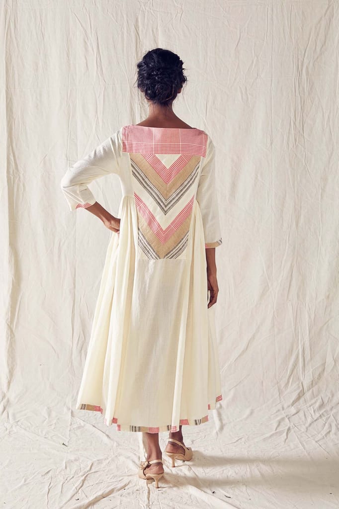 Pieced Yoke Dress In Off White Cotton Khadi Mulmul