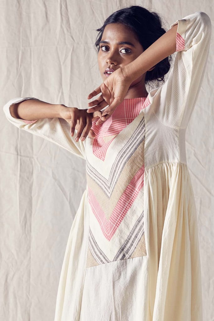 Pieced Yoke Dress In Off White Cotton Khadi Mulmul
