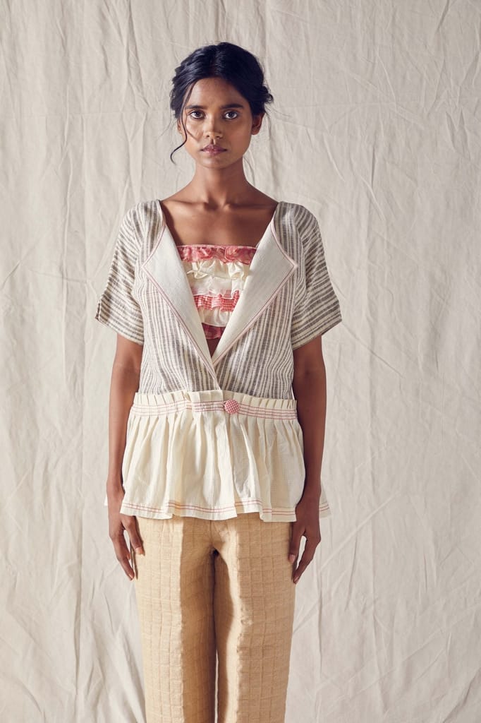 Peplum Jacket In Striped Organic Cotton And Off White Cotton Khadi Mulmul