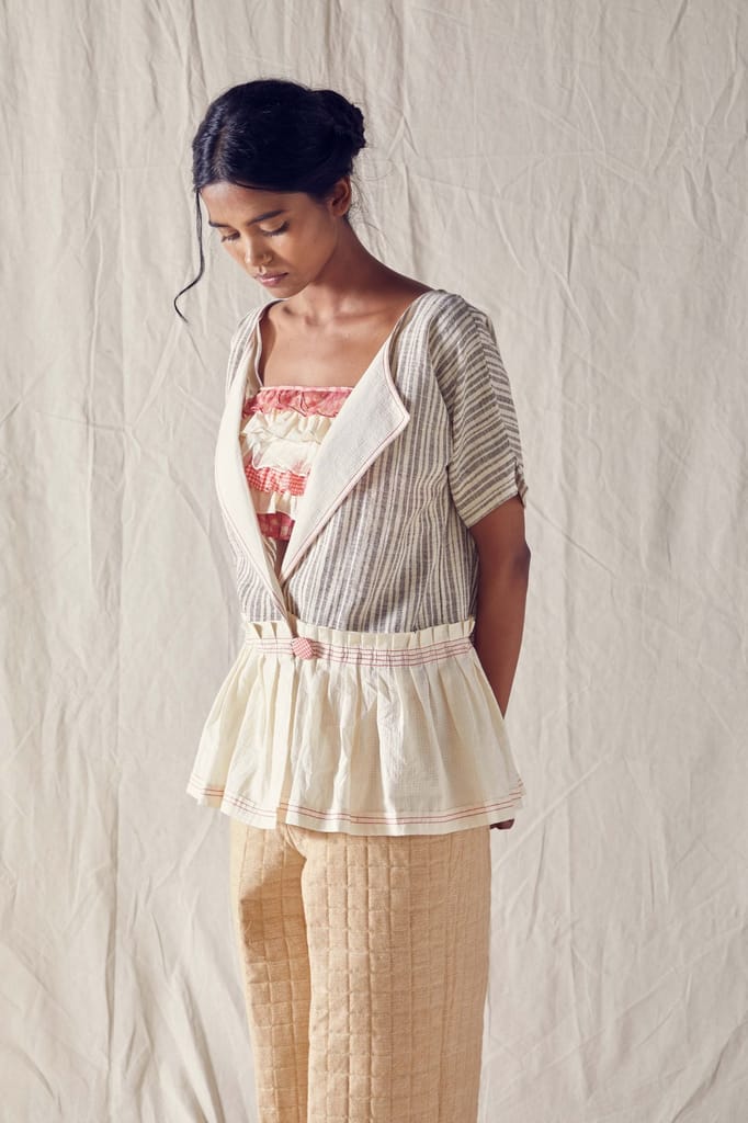 Peplum Jacket In Striped Organic Cotton And Off White Cotton Khadi Mulmul