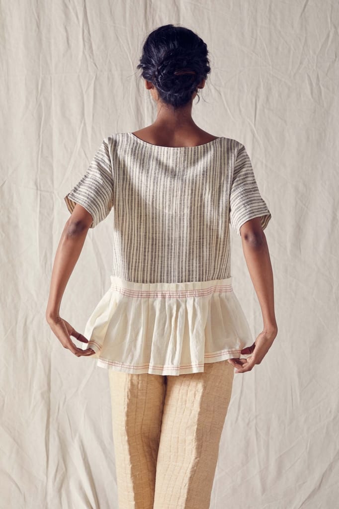 Peplum Jacket In Striped Organic Cotton And Off White Cotton Khadi Mulmul