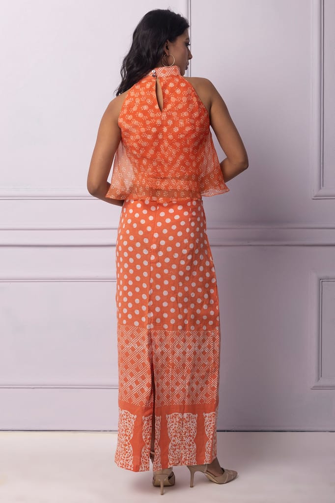 Orange Batik Printed Halter Neck With Organza Layer Top