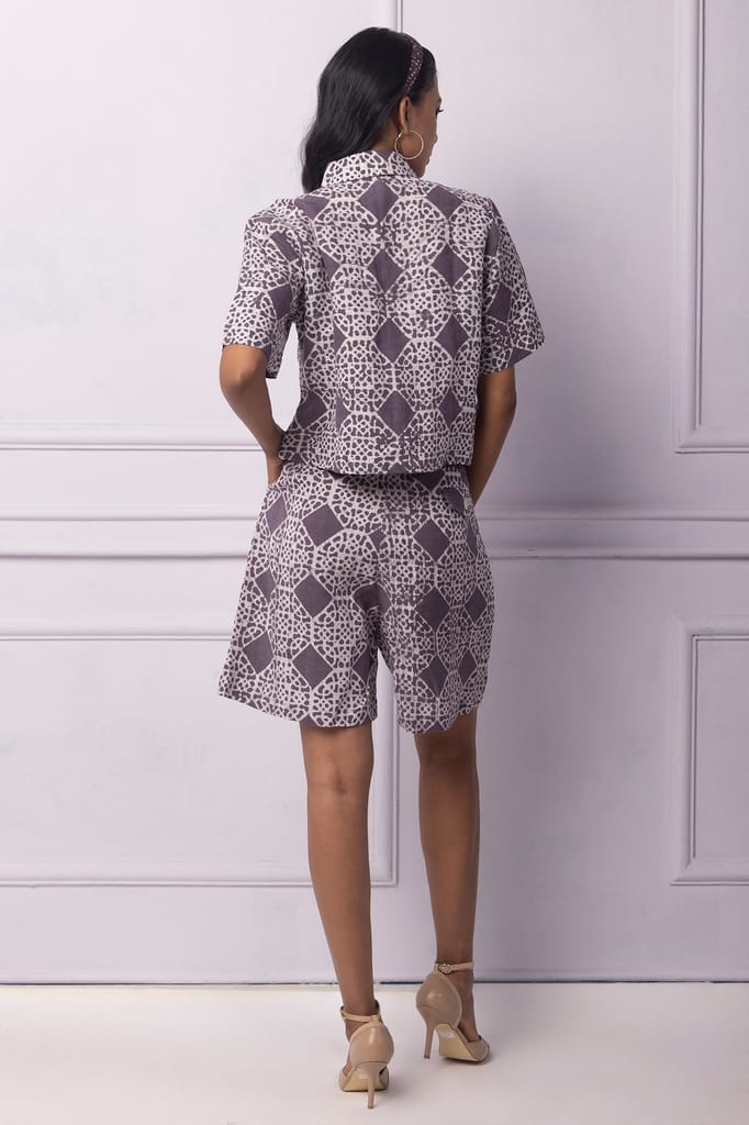 Purple Printed Linen Boxy Crop Shirt