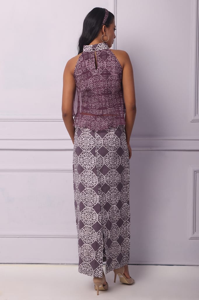 Purple Batik Printed Halter Neck With Organza Layer Top
