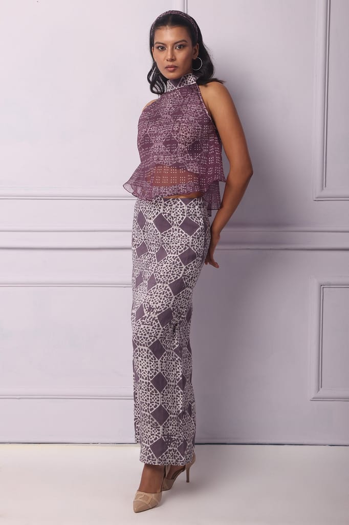 Purple Batik Printed Halter Neck With Organza Layer Top