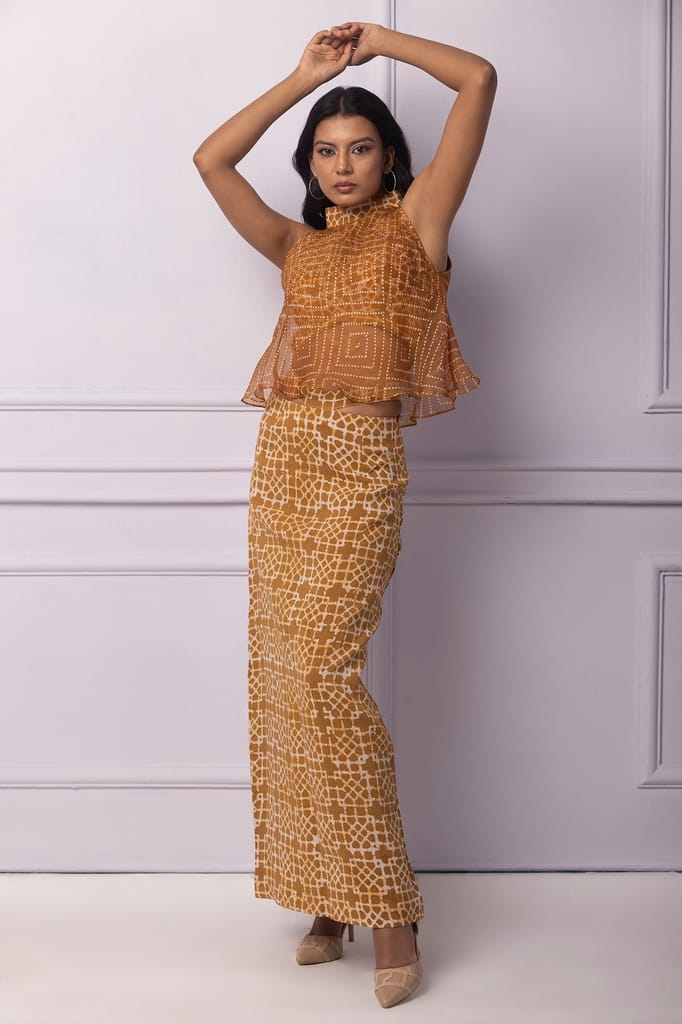 Muddy Yellow Batik Printed Halter Neck With Organza Layer Top