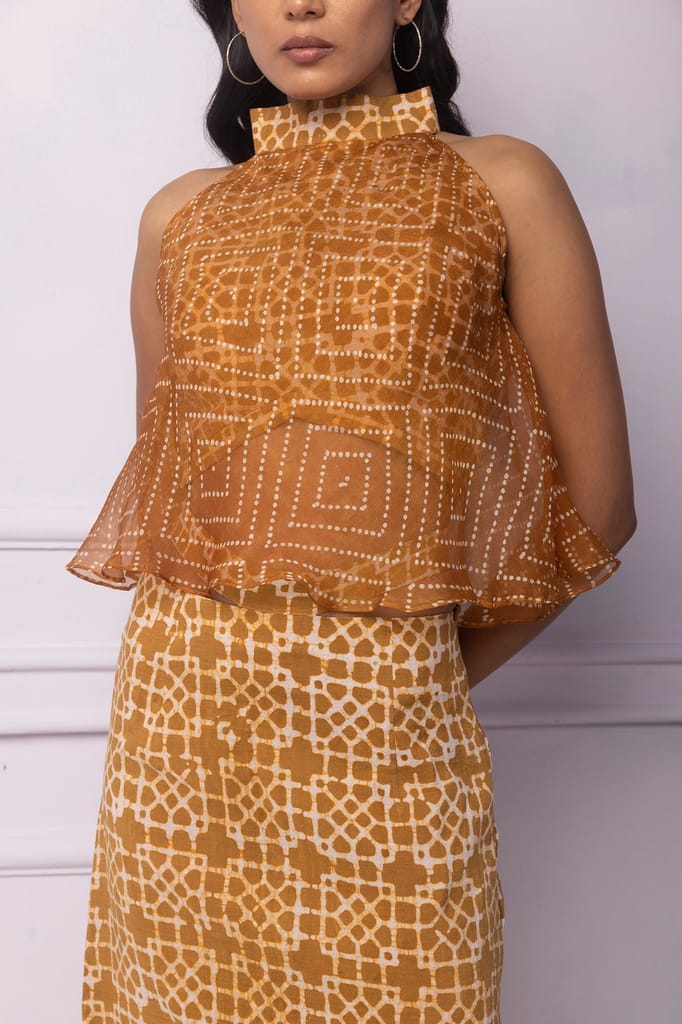 Muddy Yellow Batik Printed Halter Neck With Organza Layer Top