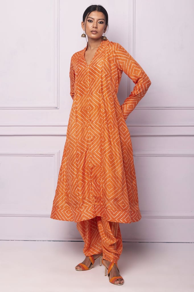 Orange Printed Silk A Line Kurti