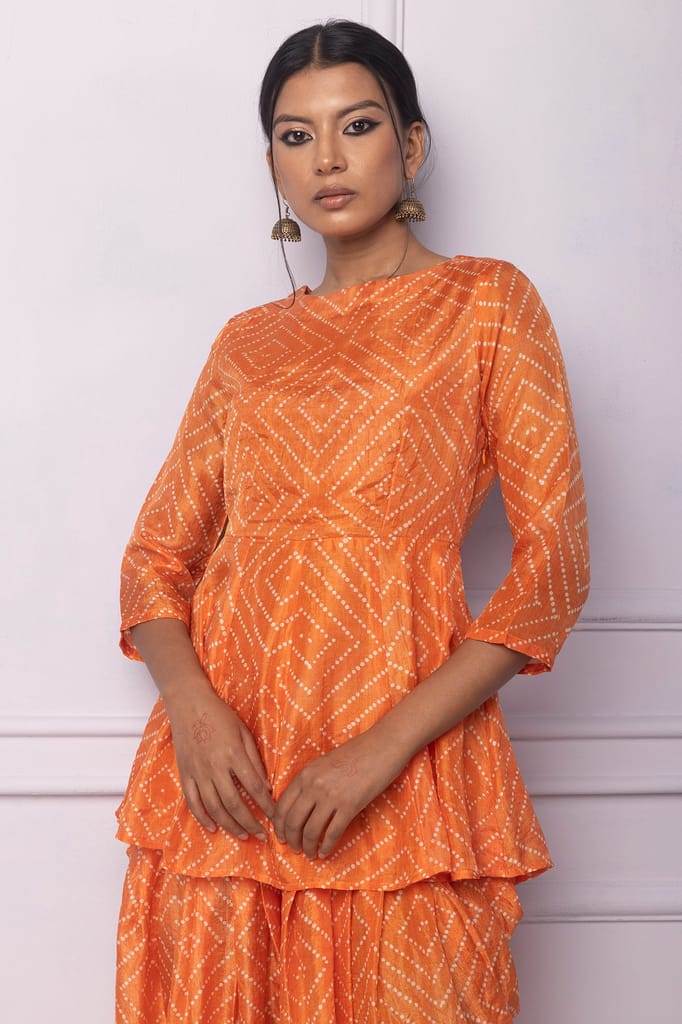 Orange Printed Dhoti Kurta Set