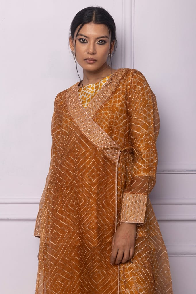 Muddy Yellow Organza Printed Angrakha