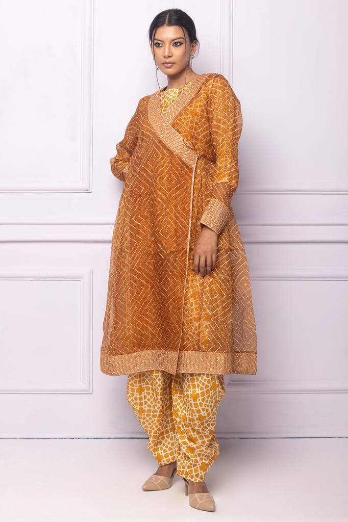 Muddy Yellow Organza Printed Angrakha