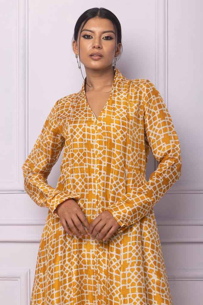 Muddy Yellow Printed Silk A Line Kurti