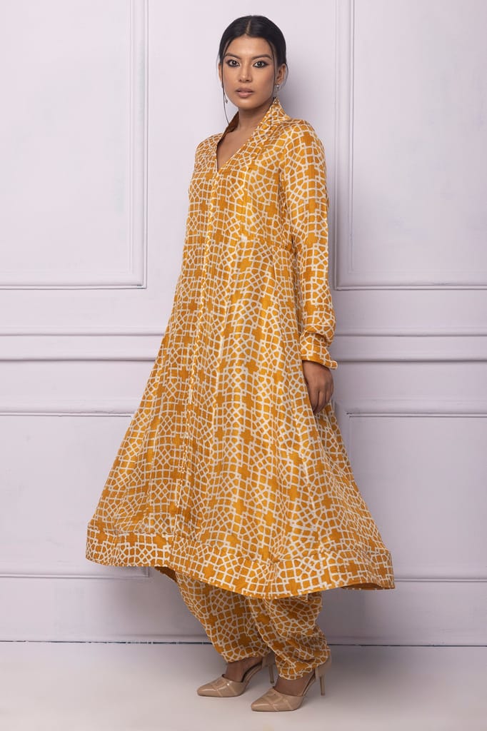 Muddy Yellow Printed Silk A Line Kurti