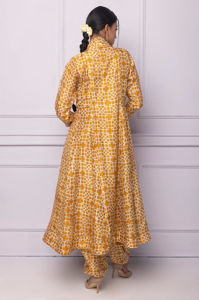 Muddy Yellow Printed Silk A Line Kurti