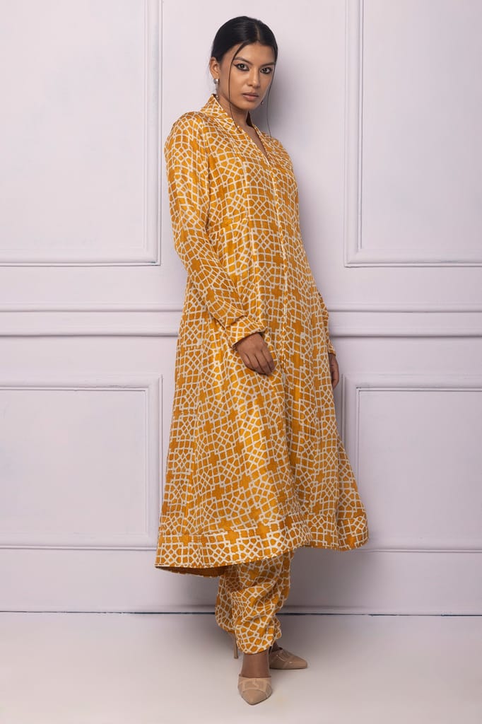 Muddy Yellow Printed Silk A Line Kurti