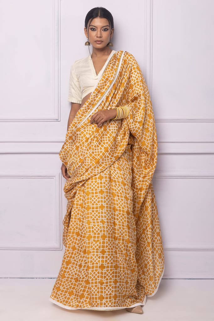 Muddy yellow Batik Printed Silk Saree - Sarees | Buy online on ZillyBuy
