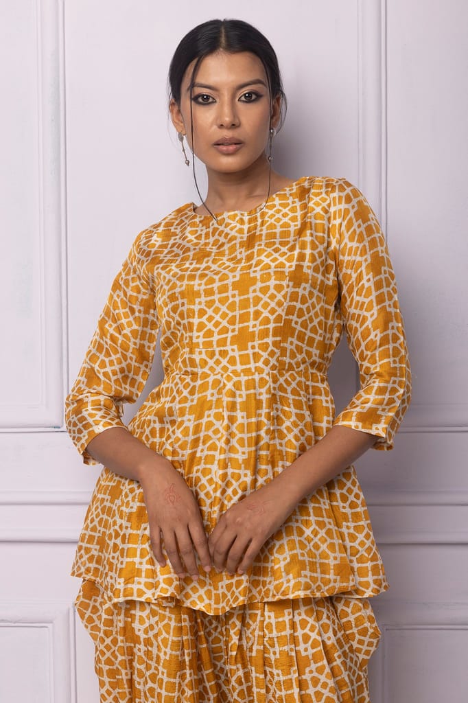 Muddy Yellow Printed Silk Dhoti Kurta Set