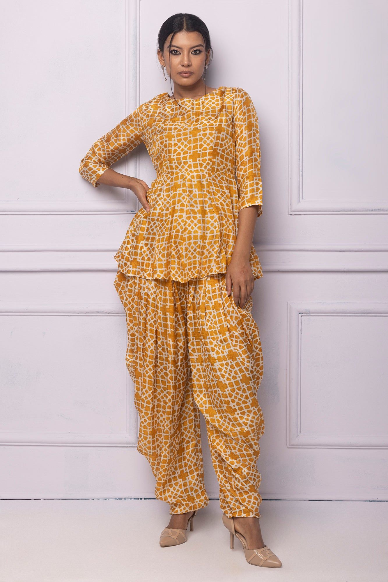 Buy KALKI FASHION Amber Yellow Peplum Kurta with Cowl Dhoti Pants and  Mirror Work (Set of 2) online