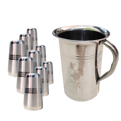 SHINI LIFESTYLE Stainless Steel Jug and Glass Set, 10pc Laser design glass, floral jug