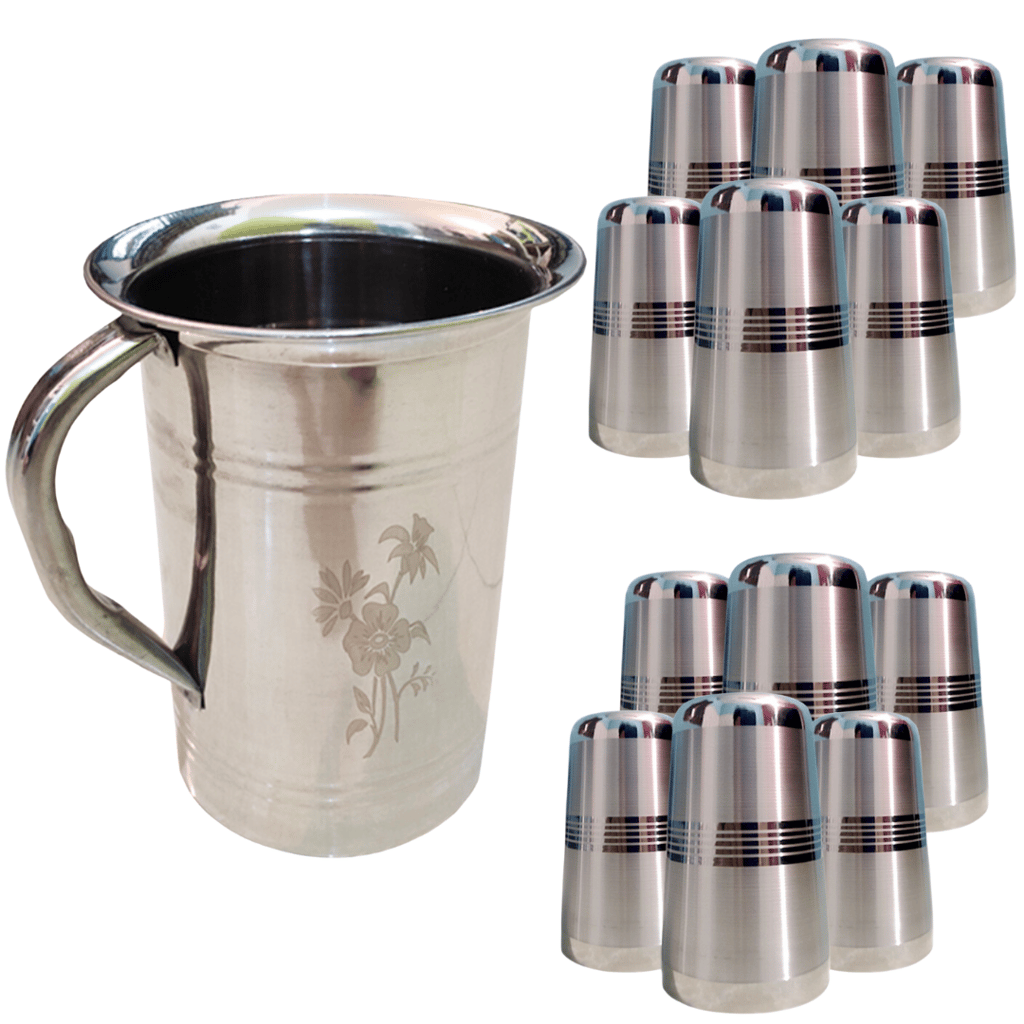 SHINI LIFESTYLE Stainless Steel Jug and Glass Set, 12pc Laser design glass, floral jug