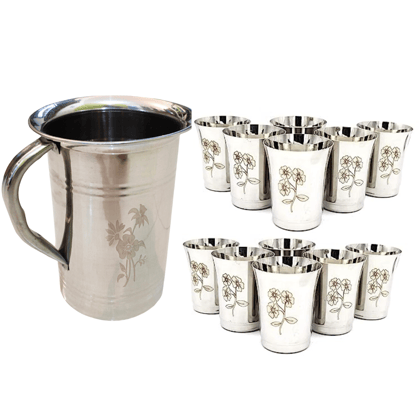 SHINI LIFESTYLE Steel floral design Jug and 12pc Laser floral design glass, jug glass set SHINI LIFESTYLE Steel floral design Jug and 12pc Laser floral design glass, jug glass set