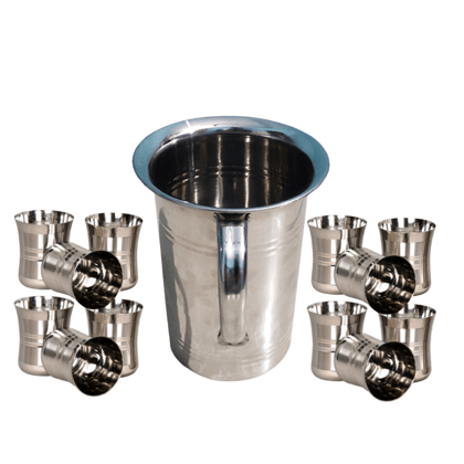 SHINI LIFESTYLE Steel floral design Jug and 12pc Laser design damru style glass, floral jug SHINI LIFESTYLE Steel floral design Jug and 12pc Laser design damru style glass, floral jug