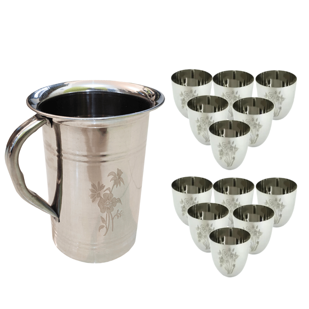SHINI LIFESTYLE Steel floral design Jug and 12pc premium floral glass, Steel jug glass set