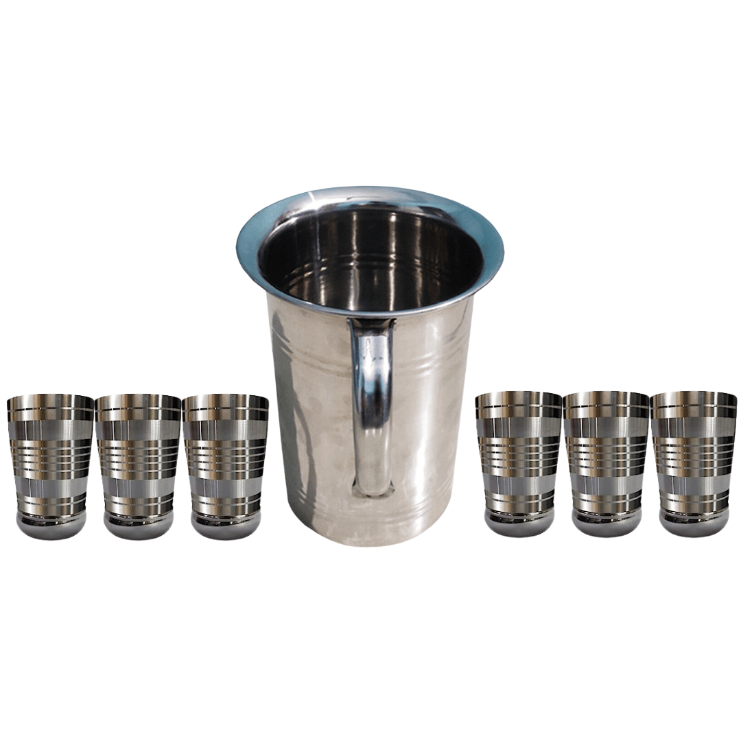 SHINI LIFESTYLE Steel floral design Jug and 6pc steel glass, Steel jug glass set, glass jug