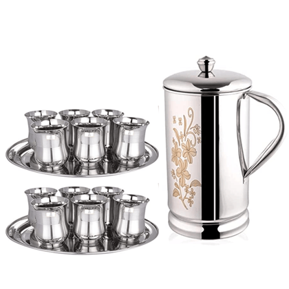 SHINI LIFESTYLE Stainless Steel Jug and Glass Set,12pc Laser design damru glass, floral jug with lid SHINI LIFESTYLE Stainless Steel Jug and Glass Set,12pc Laser design damru glass, floral jug with lid