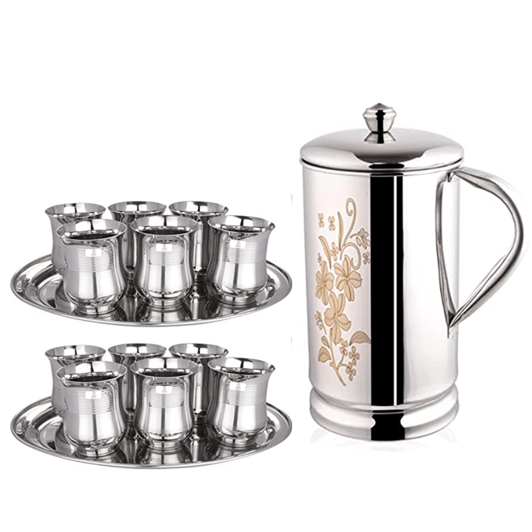 SHINI LIFESTYLE Stainless Steel Jug and Glass Set,12pc Laser design damru glass, floral jug with lid