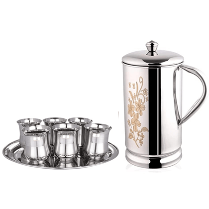 SHINI LIFESTYLE Stainless Steel Jug and Glass Set,Laser design damru glass, floral jug with lid