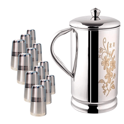 SHINI LIFESTYLE Stainless Steel Jug and Glass Set, 12pc Laser design glass, floral jug with lid SHINI LIFESTYLE Stainless Steel Jug and Glass Set, 12pc Laser design glass, floral jug with lid