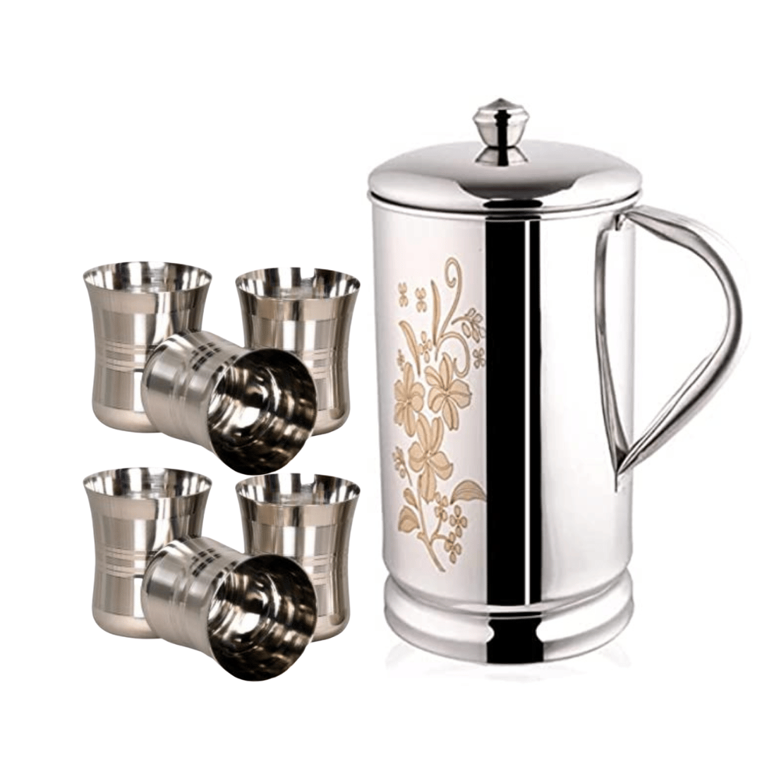 SHINI LIFESTYLE Steel floral design Jug and 6pc Laser design damru style glass, floral jug with lid