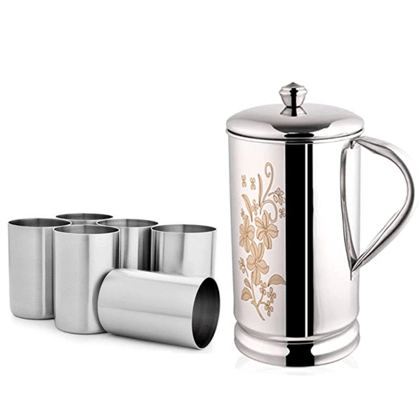 SHINI LIFESTYLE Steel floral design Jug with lid and 6pc premium quality glass, jug glass set SHINI LIFESTYLE Steel floral design Jug with lid and 6pc premium quality glass, jug glass set