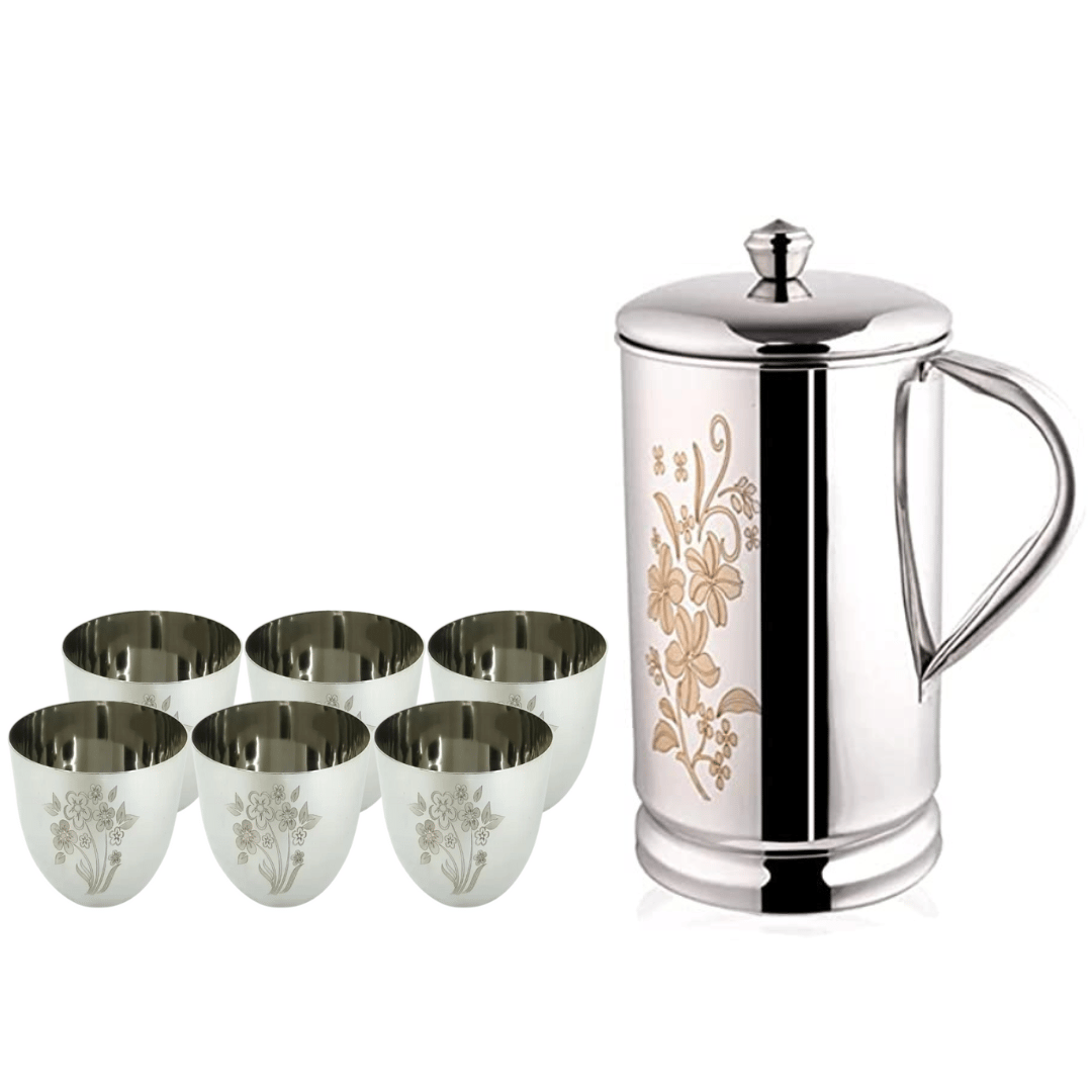 SHINI LIFESTYLE Steel floral design Jug with lid and 6pc premium floral glass, Steel jug glass set