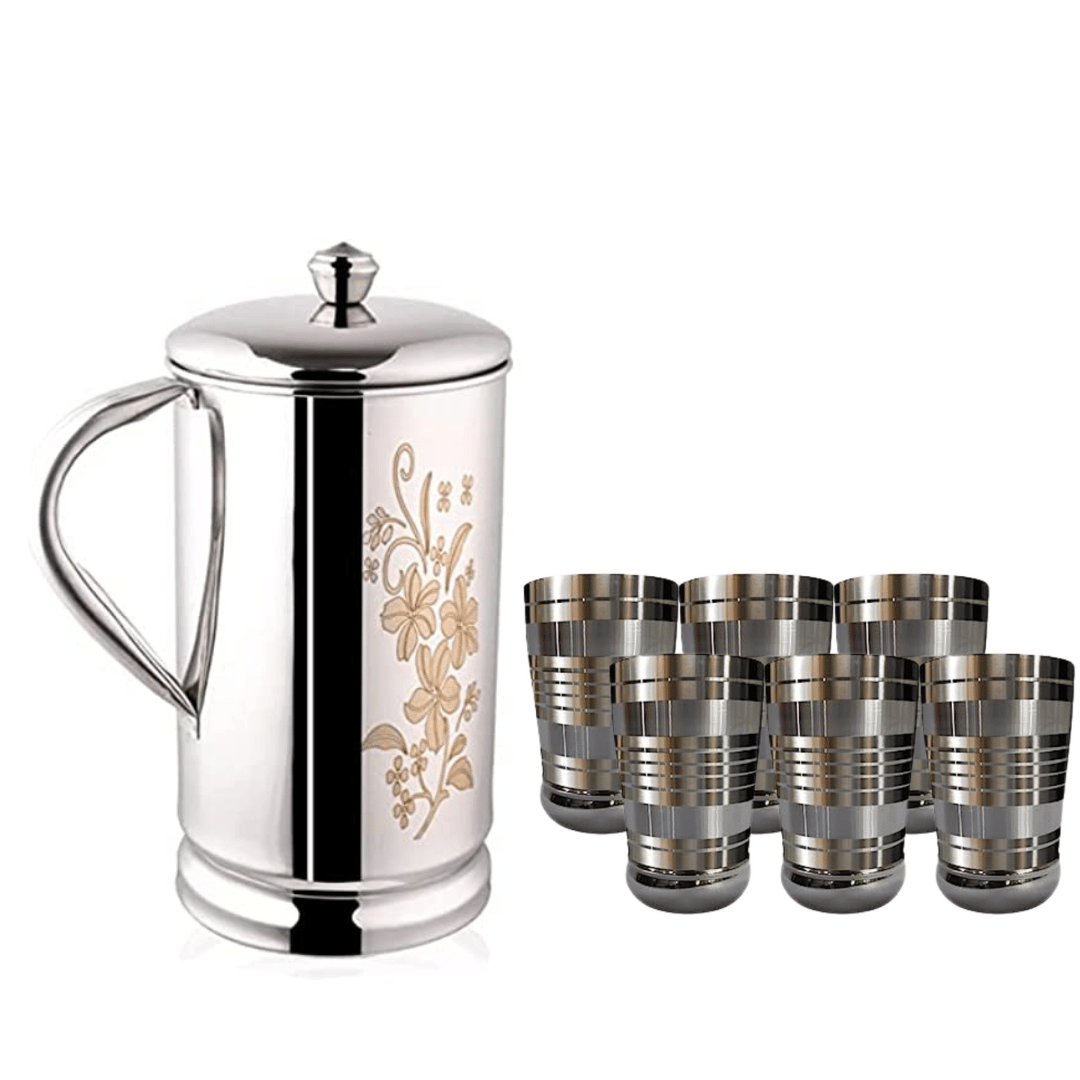 SHINI LIFESTYLE Steel floral design Jug with lid and 6pc steel glass, Steel jug glass set, glass jug