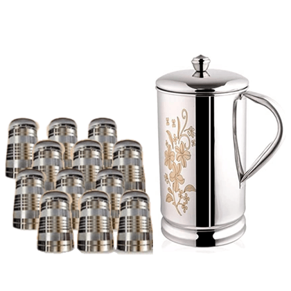 SHINI LIFESTYLE Steel floral design Jug with lid and 12pc steel glass, Steel jug glass set, glass jug SHINI LIFESTYLE Steel floral design Jug with lid and 12pc steel glass, Steel jug glass set, glass jug
