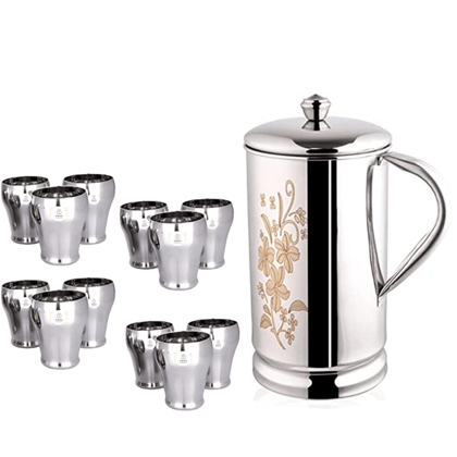 SHINI LIFESTYLE Steel floral design Jug with lid and 12pc premium matka glass, Steel jug glass set SHINI LIFESTYLE Steel floral design Jug with lid and 12pc premium matka glass, Steel jug glass set