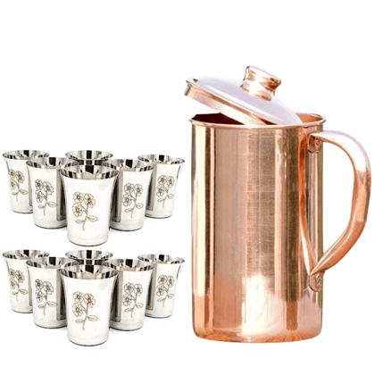 SHINI LIFESTYLE Pure Copper Jug Set and best quality steel Glass set,Water Jug,gilas set 13PC