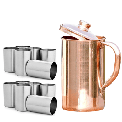 SHINI LIFESTYLE Pure Copper Jug Set and Premium quality steel Glass set,Water Jug,gilas 13PC