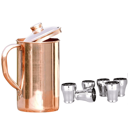 SHINI LIFESTYLE Pure Copper Jug Set and Premium quality steel Glass set,Water Jug,gilas set SHINI LIFESTYLE Pure Copper Jug Set and Premium quality steel Glass set,Water Jug,gilas set