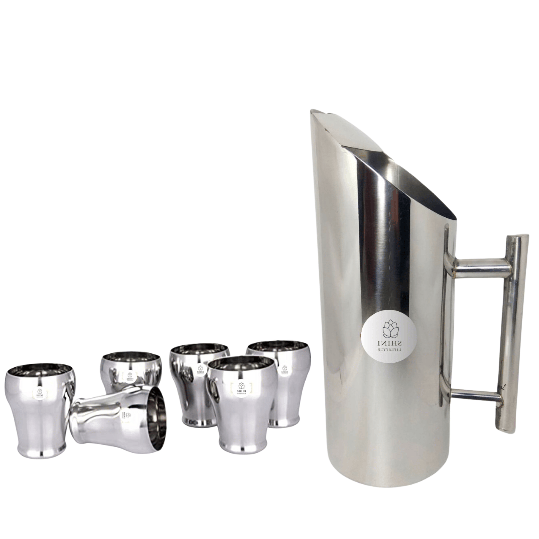 SHINI LIFESTYLE Stainless Steel Jug and best quality steel Glass set, Water Jug, juice glass set