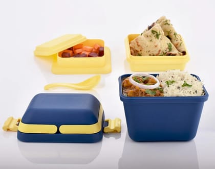 URBAN CREW AIRTIGHT LUNCH BOX WITH HANDLE & PUSH LOCK, DOUBLE-LAYER PORTABLE LUNCH BOX STACKABLE WITH CARRYING HANDLE AND SPOON LUNCH BOX (1 PCS)