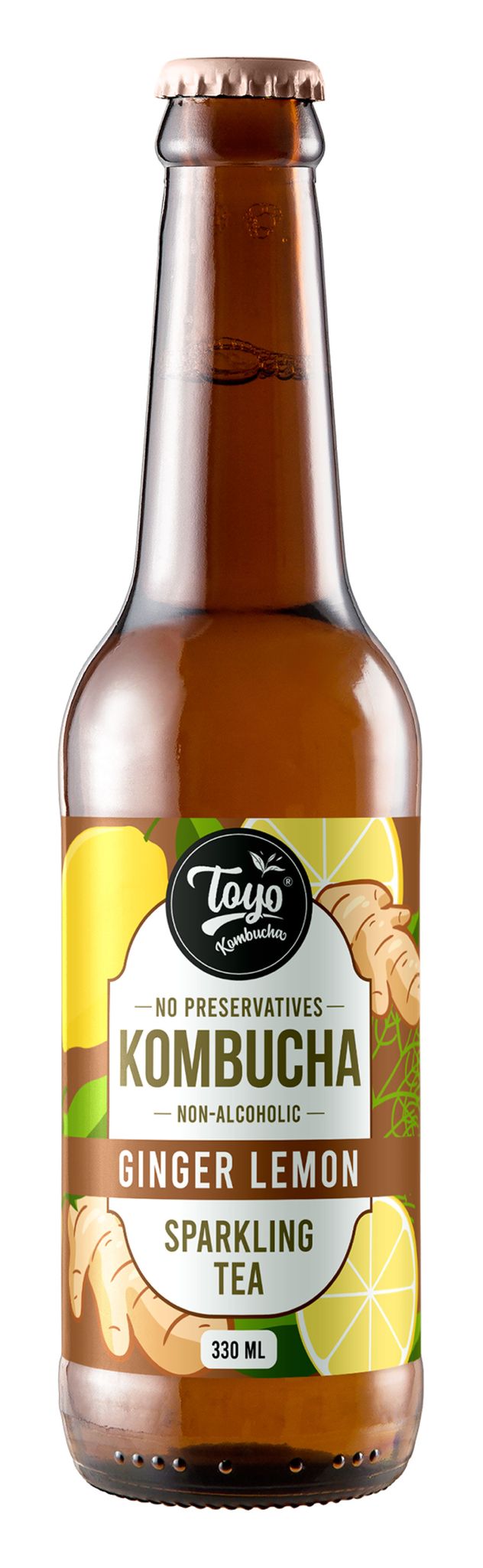 Toyo Kombucha - Sparkling Fermented Tea | Ginger Lemon | 330ml (Pack of 6) - Rich in Probiotics and Antioxidants
