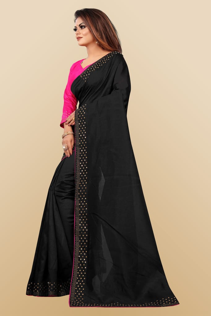 BGMK ENTERPRISE Zoya Black color Diamond Work Soft Silk Saree With Unstitched Blouse