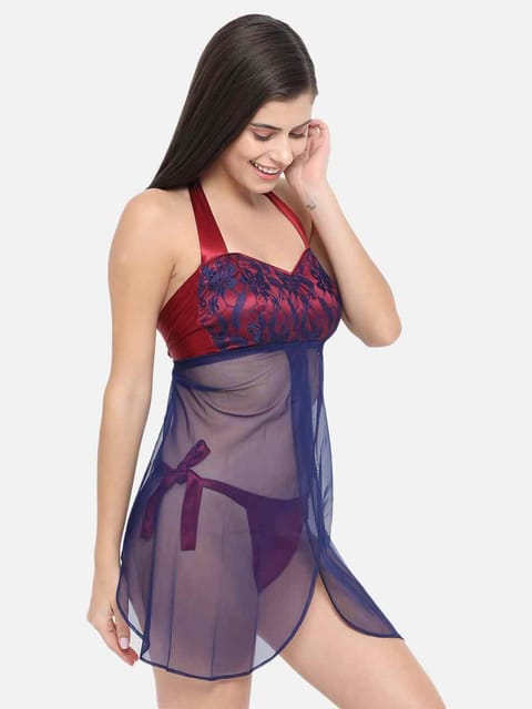 Hot Bridal Maroon Net Babydoll Honeymoon Bikini & Night Dress With  Panty-B33M-S-10XL